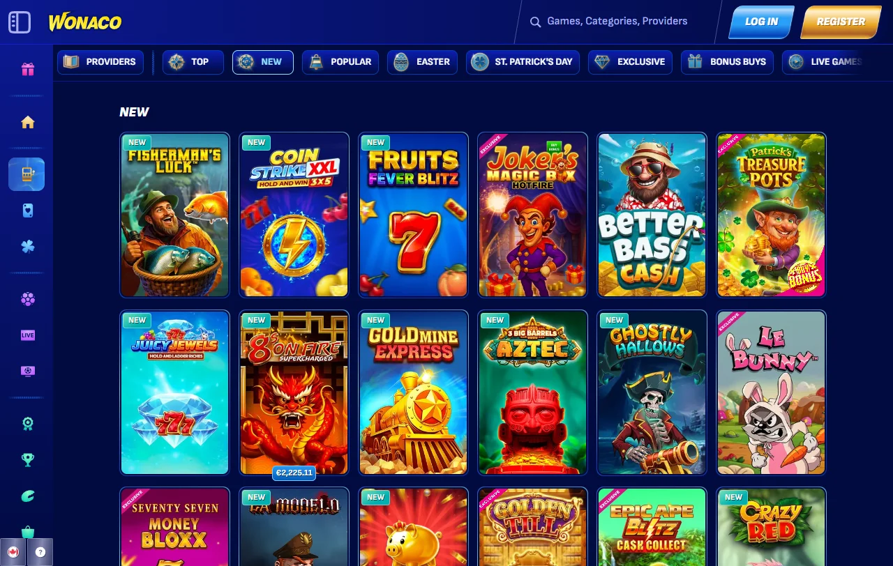 Wonaco Casino con juegos, slots y casino en vivo