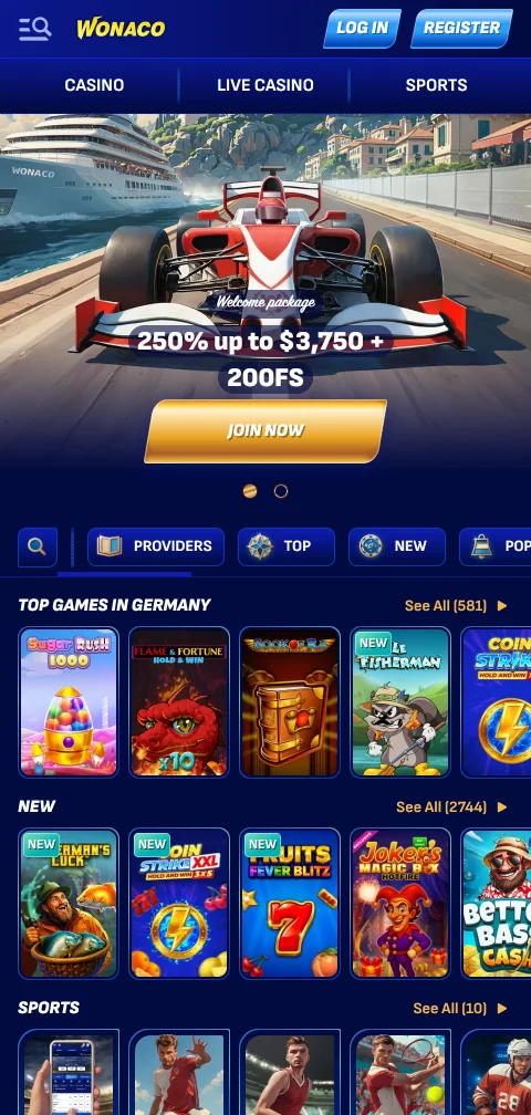 Wonaco Casino en móvil con acceso compatible desde Perú
